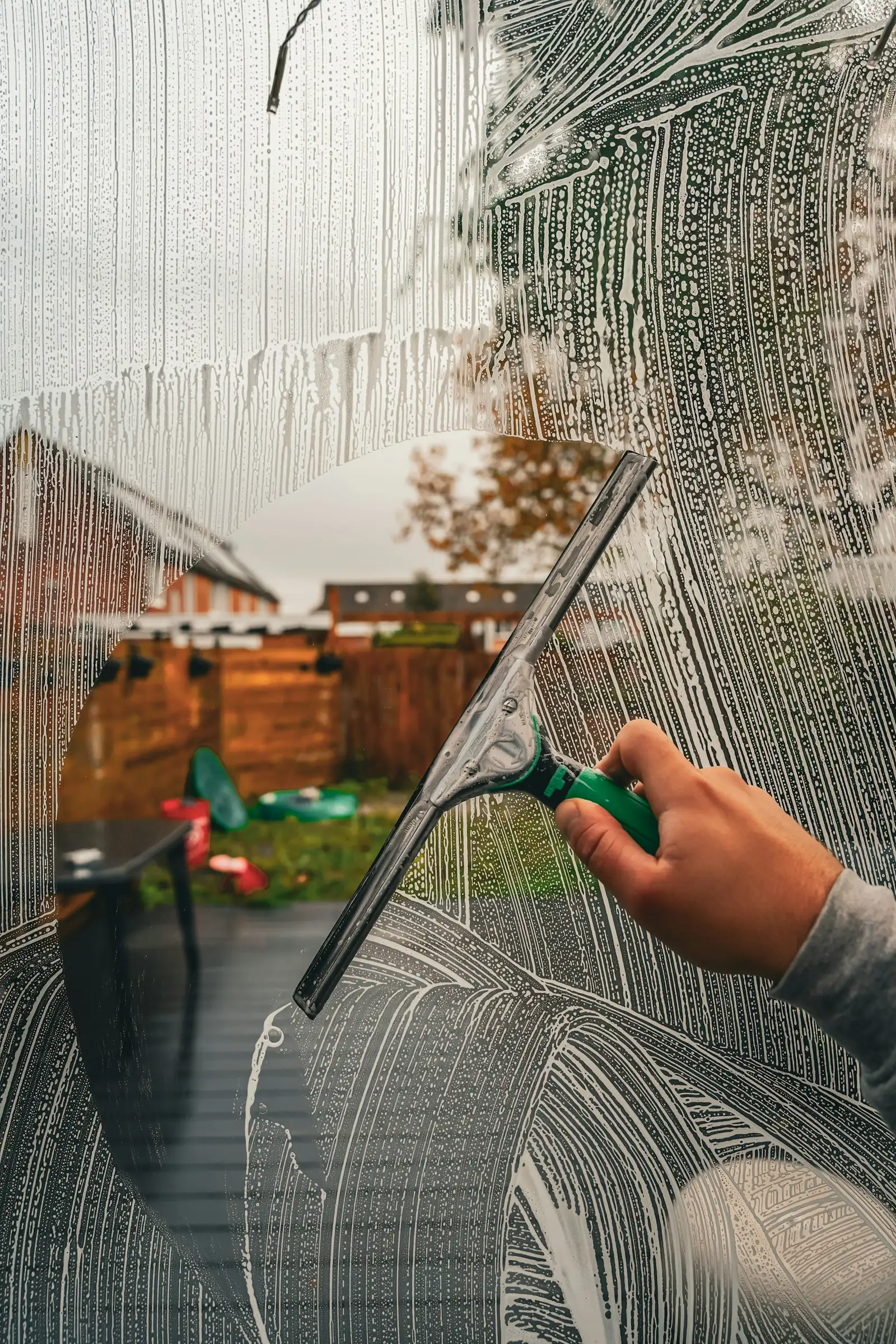 Squeegee pulling a clean line across a soapy window